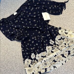 Floral Navy blue dress with cream/gray flowers/details. NWOT.